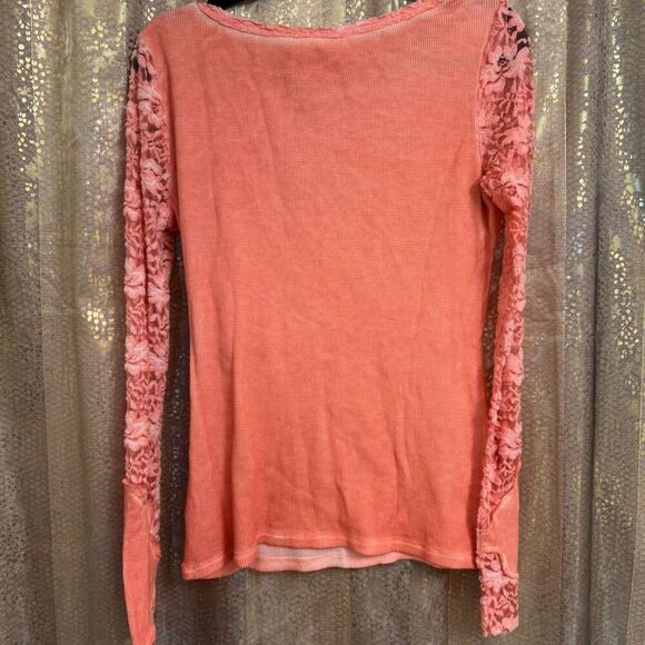 Others Follow Coral Orange Lace Sleeve Waffle Knit Boho Long Sleeve Top Medium - Picture 2 of 6